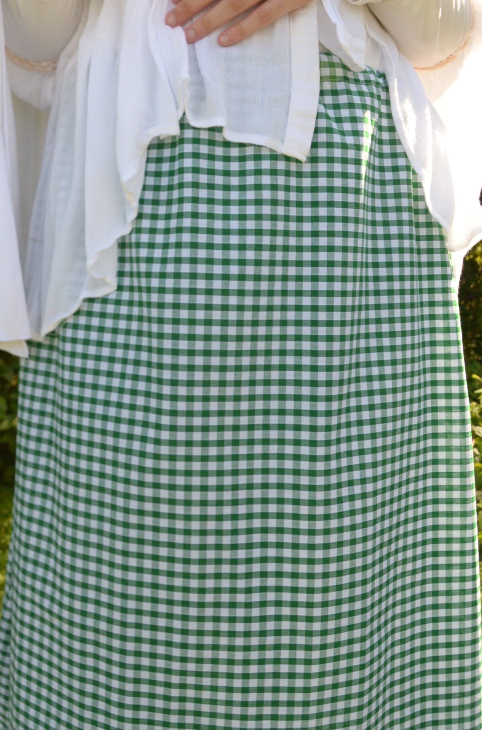 green gingham maxi skirt, grove background