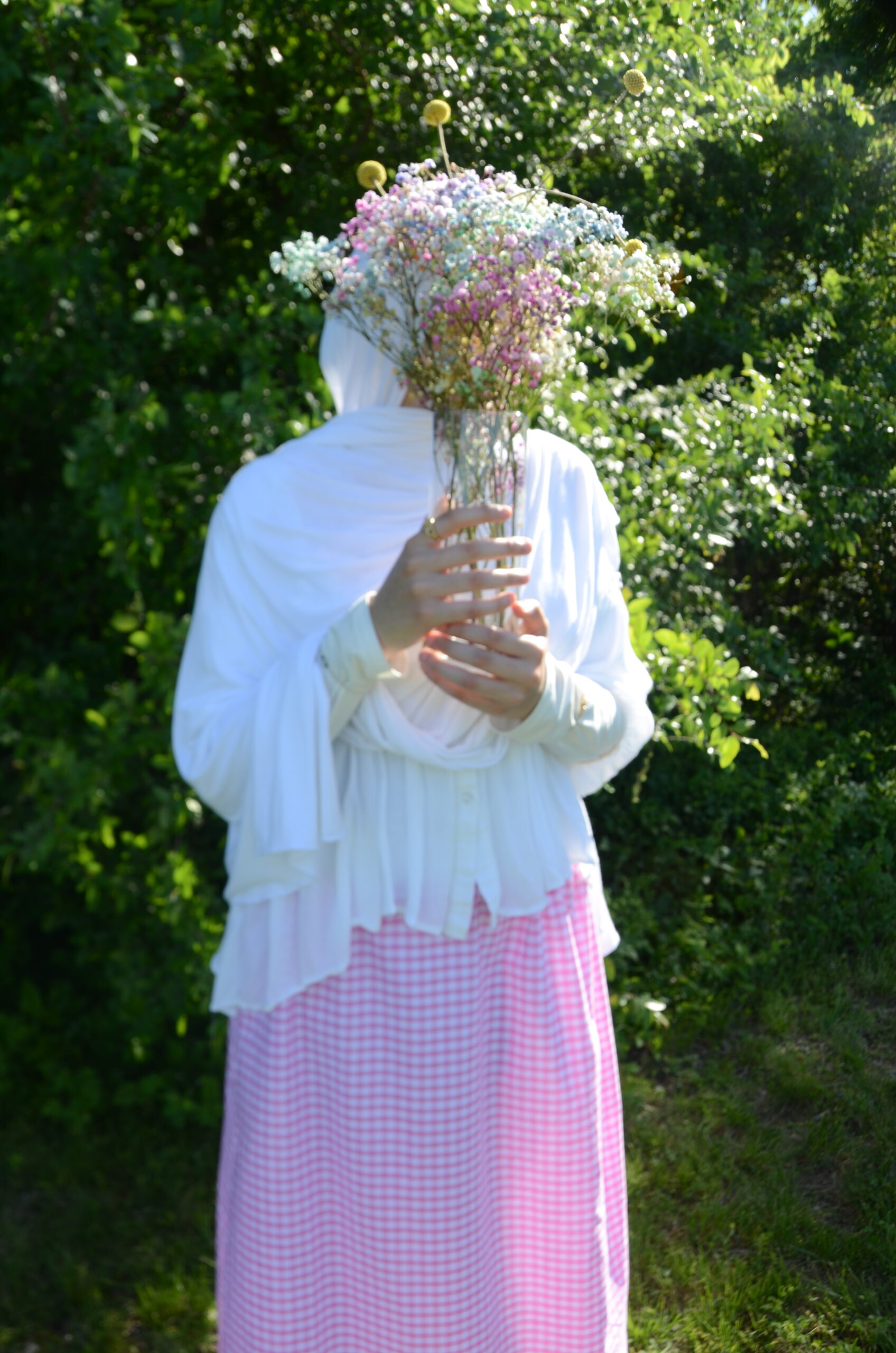 pink gingham maxi skirt, grove background