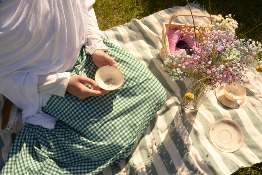 green gingham maxi skirt, picnic background