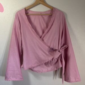 ballerina top, front view, pink, cross front, tie closures, flared sleeves, polyester