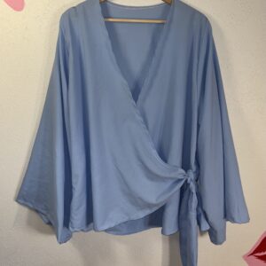 ballerina top, blue, front view, front cross, tie closures, polyester
