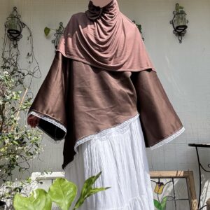 asymmetrical top, brown, super flared sleeves, lace hems